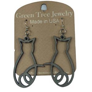 Green Tree Jewelry Kitty Cat Silhouette Wooden Earrings Dangle Drop Hook